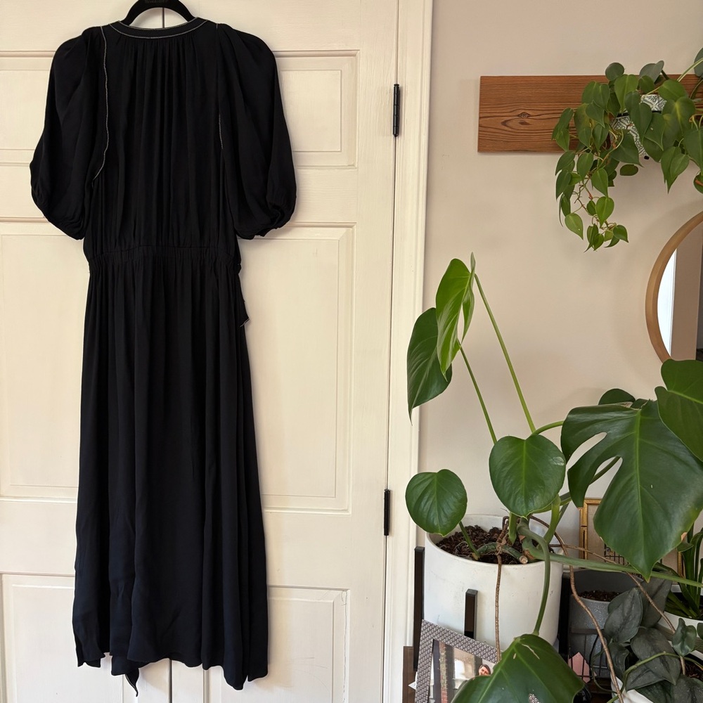 Ulla Johnson Leah Dress Noir Black Midi Puff Sleeve Contrast Trim Size 10 Tie‎ - Picture 4 of 16
